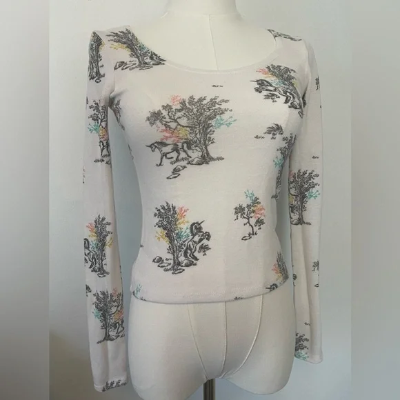 Mudd Cream Unicorn Toile Skimmer Top | XS Fairycore Coquette Y2K - Picture 1 of 8